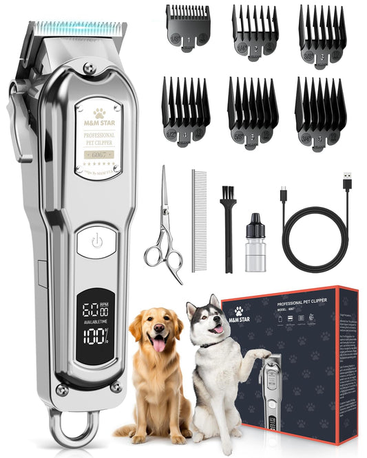 M&M STAR Dog Clippers for Grooming Thick Heavy Coats, All-Metal Body Low Noise Cordless Rechargeable Dog Hair Trimmer, Stainless Steel Blade, Professional Pet Grooming Kit for Dogs & Cats (Silver)