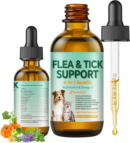Flea and Tick Supplements Drops for Dogs & Cats 60ml - Flea and Tick Itch Relief Formula with Multivitamins, Skin and Co