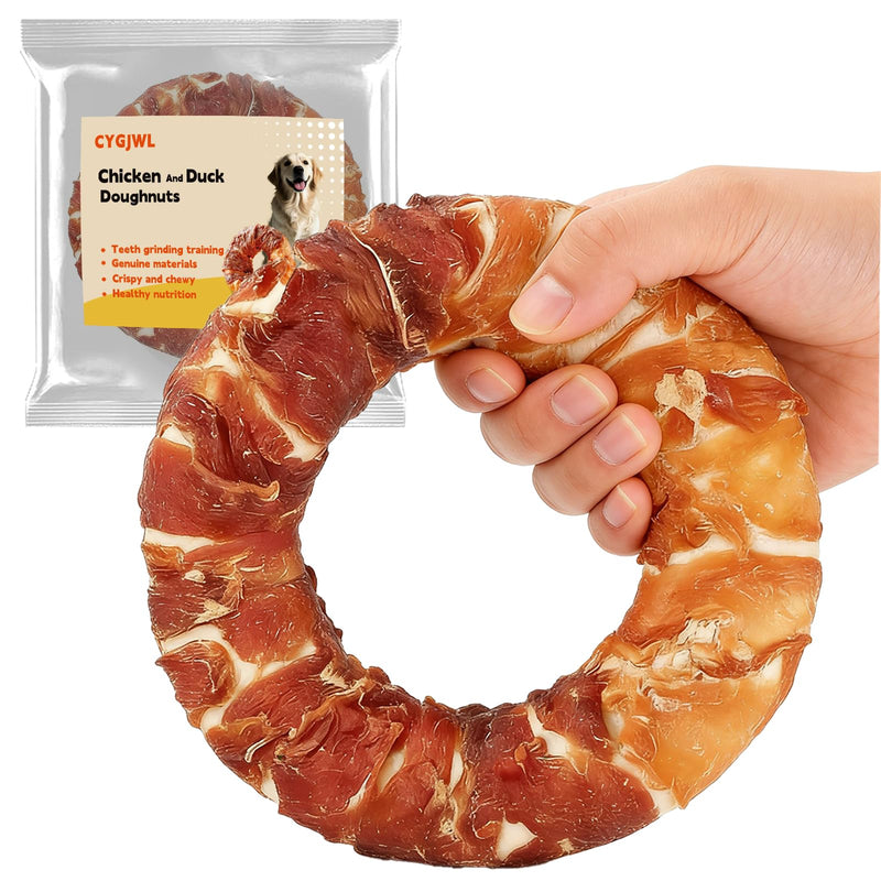 CYGJWL Dog Donut Treats,Chicken Duck Wrapped Rawhide Donuts(Plus Size),No Artificial Additives or Preservatives, Long-Lasting Dental Treat for Medium to Large Breeds,5.5inc Diameter, (6oz)