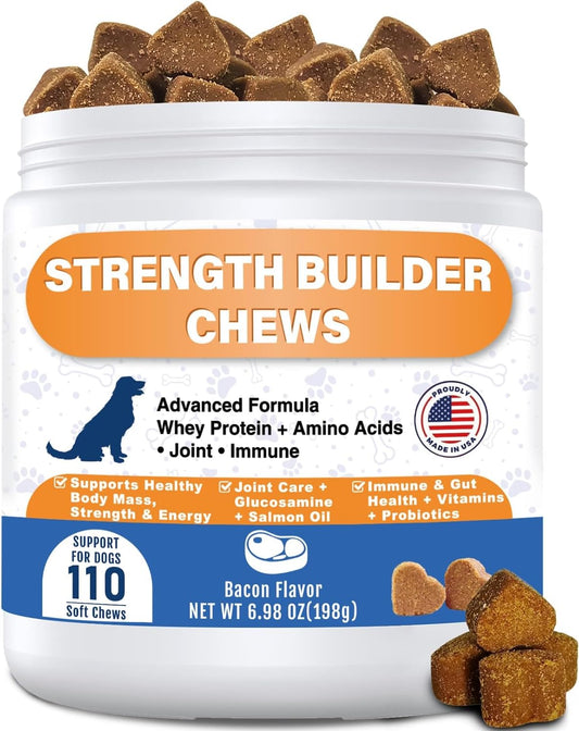 Muscle Gain Chews for Dogs, Weight Gain Supplement with Whey Protein & BCAA Amino Acids for Lean Muscle Support, Strengt