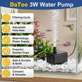 DaToo 3w Aquarium Submersible Water Pump DC 3.5-9 V USB Mini Fountain Pump with 2 Nozzles for Fish Tank Bird Bath Ponds 