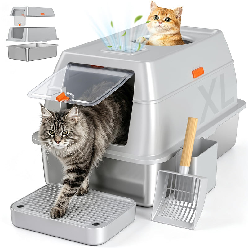 Tevila Extra Large Stainless Steel Litter Box with Lid, High Sided Enclosed Metal Cat Litter Pan, Dog Proof Front Entry Top Exit, Odor Control Easy Clean Leak Proof, Includes Scoop & Step, Light Gray