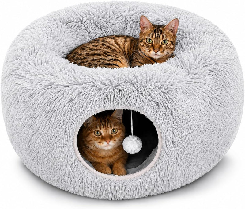 Large Cat Donut Tunnel Bed - Cat Tunnels for Indoor Cats - Circle Hideaway with Cat Toys, 3-in-1 Foldable Playground & Cozy Cave Bed, Gift-Ready DIY Collapsible Plush Cat Tube, Rabbit, Kitty