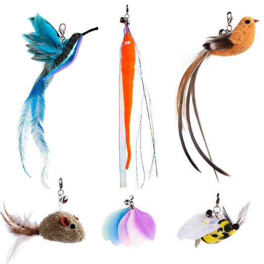 JXFUKAL Cat Feather Toy Refills, 6Pcs Simulation Bird Mouse Bee Worm Feather Cat Lures Wand Attachment Replacement for Kitty Kitten Indoor Cats Accessories