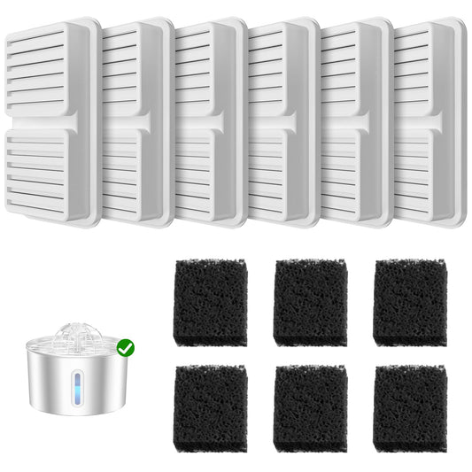 BalimoPet Replacement Filter for Cat Water Fountain - 6 Packs Pet Water Bowl Filters - 6 Filters & 6 Sponges Set for Stainless Steel Cats/Dog Water Dispenser - Activated Carbon & Foam Filtered Refill