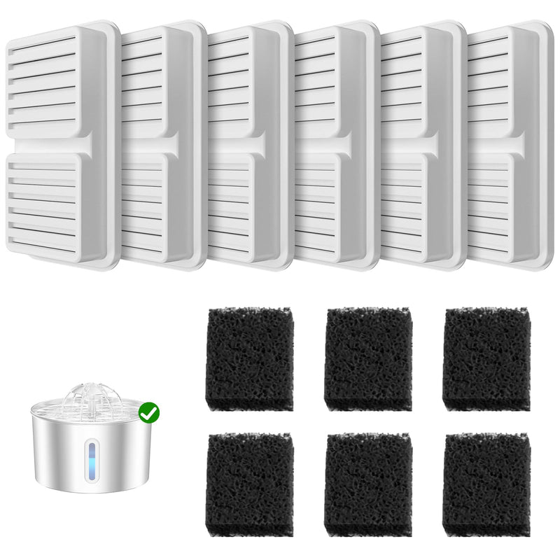 BalimoPet Replacement Filter for Cat Water Fountain - 6 Packs Pet Water Bowl Filters - 6 Filters & 6 Sponges Set for Stainless Steel Cats/Dog Water Dispenser - Activated Carbon & Foam Filtered Refill