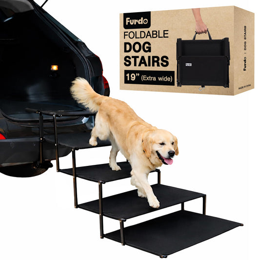 FURDO Dog Stairs for Large Dogs, for Medium Dogs, Foldable Dog Ramp for Car & SUV, Steps for Bed, Extra Wide Non-Slip Pet Steps for Car Side Door, Truck & High Beds, Portable & Adjustable - 19" Wide
