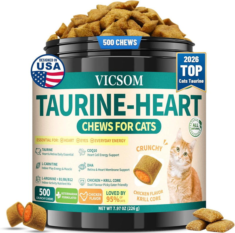 Taurine for Cats, CoQ10 for Cats, Heart Health Support for Adult & Senior Cats, 500 Crunchy Chews with Omega-3 & L-Carnitine, Cat Taurine Supplement for Eye & Muscle Support, Chicken Flavor