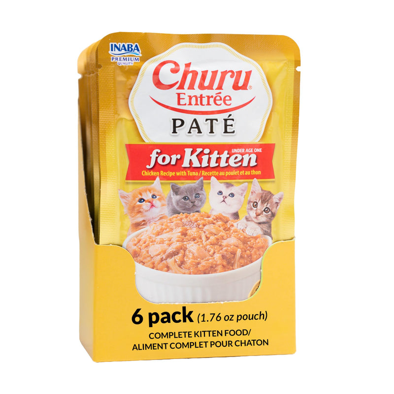 INABA Churu Entrée Pate for Kittens, Grain-Free, High Moisture, Prebiotic Wet Cat Food, 1.76oz. per Pouch, 6 Pouches, Chicken Recipe with Tuna