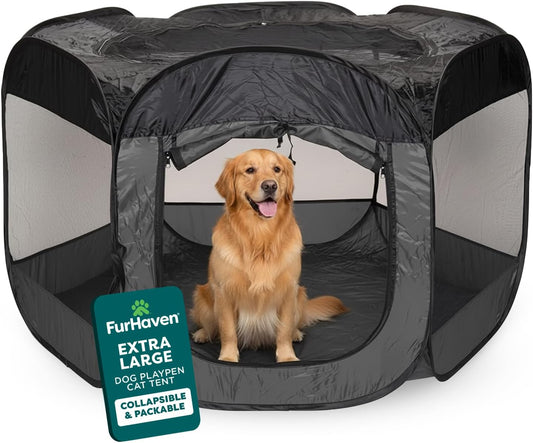 FurHaven Soft-Sided Dog & Cat Playpen, Portable Foldable Indoor & Outdoor Pet Playpen with Mesh Windows & Zippered Door, Navy, Extra Large