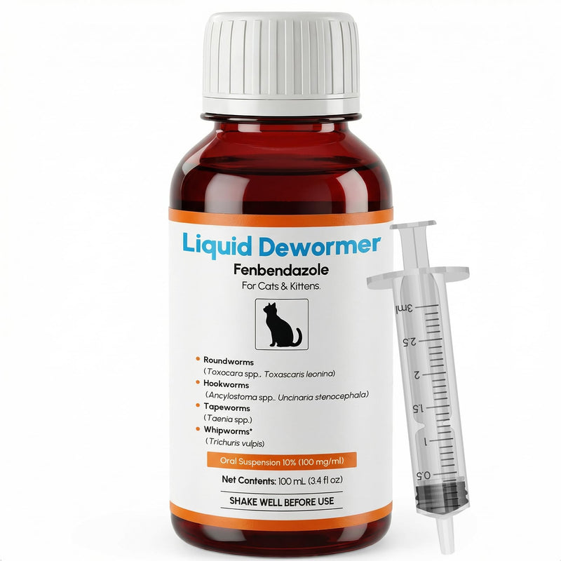 Dewormer for Cats & Kittens Fenbendazole Liquid - Broad Spectrum Suspension - Easy to Mix with Food - Removes Roundworm, Hookworm, Tapeworm - Includes 3ml Dosing Syringe (100ml)