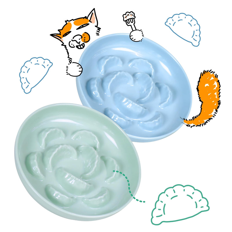 2 Pcs Cat Slow Feeder Bowl for Dry & Wet Food - Unbreakable Melamine Cat Food Plates for Slow Eating - Puzzle Feeder Bowl - Whisker Friendly & Dishwasher Safe & Non Slip Design (Blue + Green)