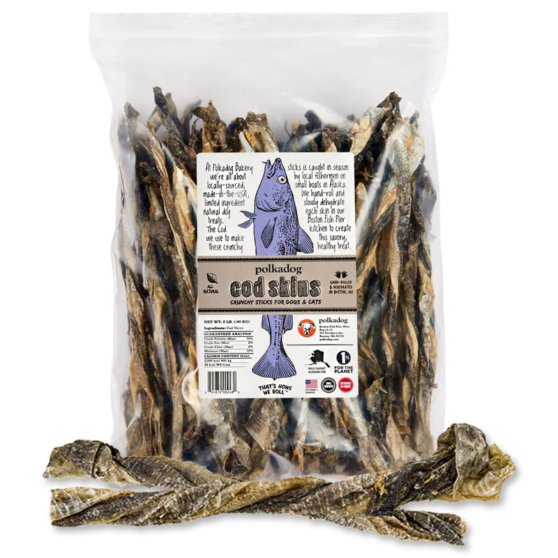 Polkadog Cod Skins for Dogs (2lb Regular) - Single Ingredient, Wild-Caught Fish Skin Natural Dog Treat Chews. High in Lean Protein & Omega 3. Hypoallergenic, Grain Free. Handcrafted & Made in USA