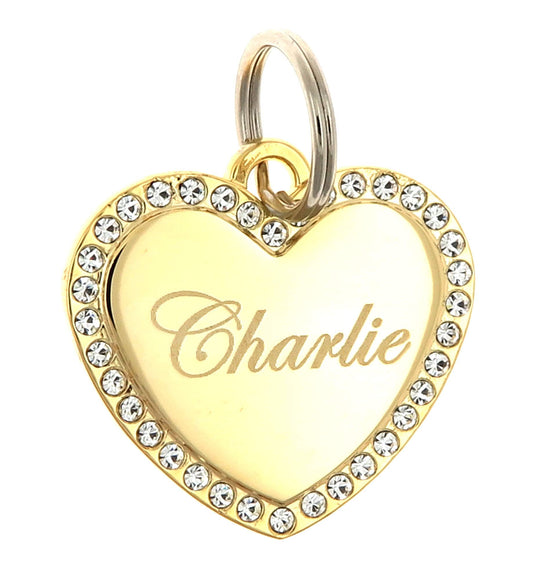 Yippo Accessories Custom Engraved Personalized Gold-Plated Medium Heart Rhinestones Pet Jewelry ID Tag for Casual Use