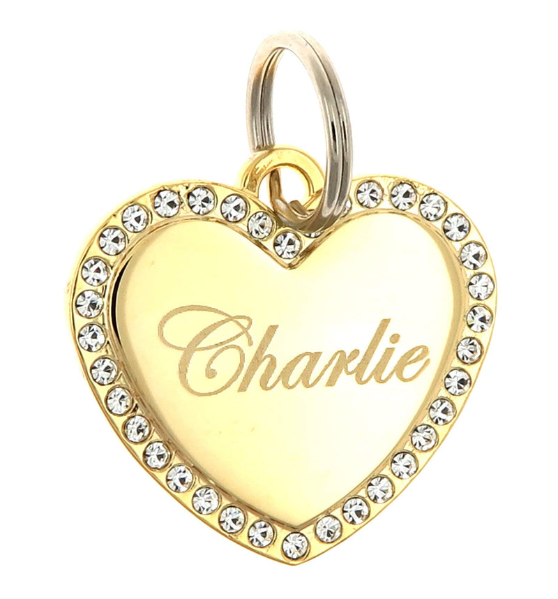 Yippo Accessories Custom Engraved Personalized Gold-Plated Medium Heart Rhinestones Pet Jewelry ID Tag for Casual Use