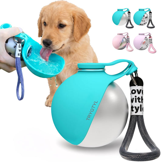 TRYQTYL Dog Water Bottle, 10oz Stainless Steel Portable Dog Water Bottle with Foldable Silicone Bowl, 2-in-1 Portable Dog Water Bowl for Water & Food, Water Dispenser for Dogs Walking (Blue)