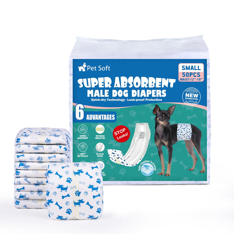 Pet Soft Male Dog Diapers - Disposable Male Dog Wraps Wetness Indicator, Puppy Diapers Male for Excitable Urination or Incontinence, 50pcs Small
