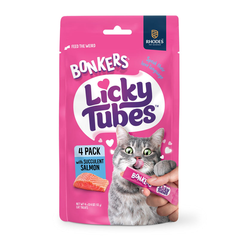 Bonkers Licky Tubes, Wet Lickable Tube Succulent Salmon Flavor Cat Treats, Real Meat, Training or Food Topper, for All Breeds and Ages (4 Pieces) - Product Package May Vary