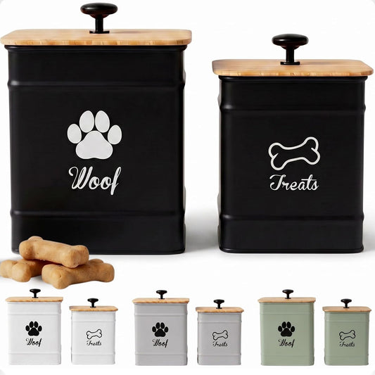 Dog Treat Container Airtight Set of 2 - 8x6 & 7x5 inch Iron Dog Treat Jars for Kitchen Counter with Airtight Bamboo Lids