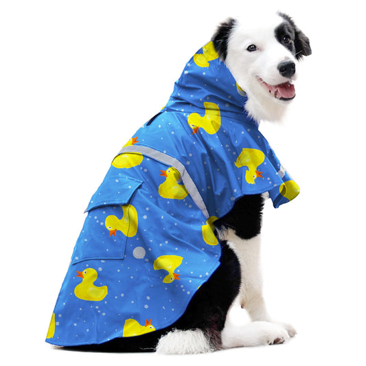 DELIFUR Large Dog Raincoat- Waterproof Dog Rain Poncho Adjustable Double Layer Rain Jacket with Hood for Medium Large Dogs Designed with Leash Hole Reflective Strip and Ducks (Blue Duck, XX-Large)