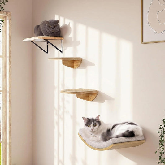 Cat Wall Shelves and Cats Window Perch – Natural Wood 4-Piece Set with Foam-Padded Curved Bed and Felt Steps, Space-Saving Wall Mounted Design