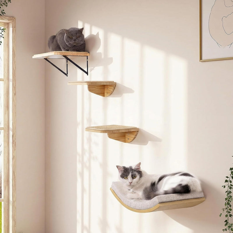 Cat Wall Shelves and Cats Window Perch – Natural Wood 4-Piece Set with Foam-Padded Curved Bed and Felt Steps, Space-Saving Wall Mounted Design
