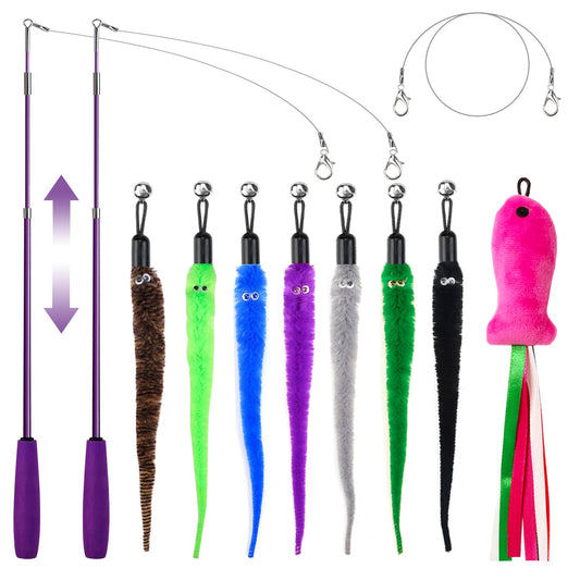 ZeyZoo Cat Toys for Indoor Cats, 11PCS Interactive Cat Toy Wand Pack, 2 Retractable Cat Wand & 7PCS Worm Teaser Refills, Plush Fish Kitten Toys, Cat Feather Fishing Pole Toy for Play Chase Exercise