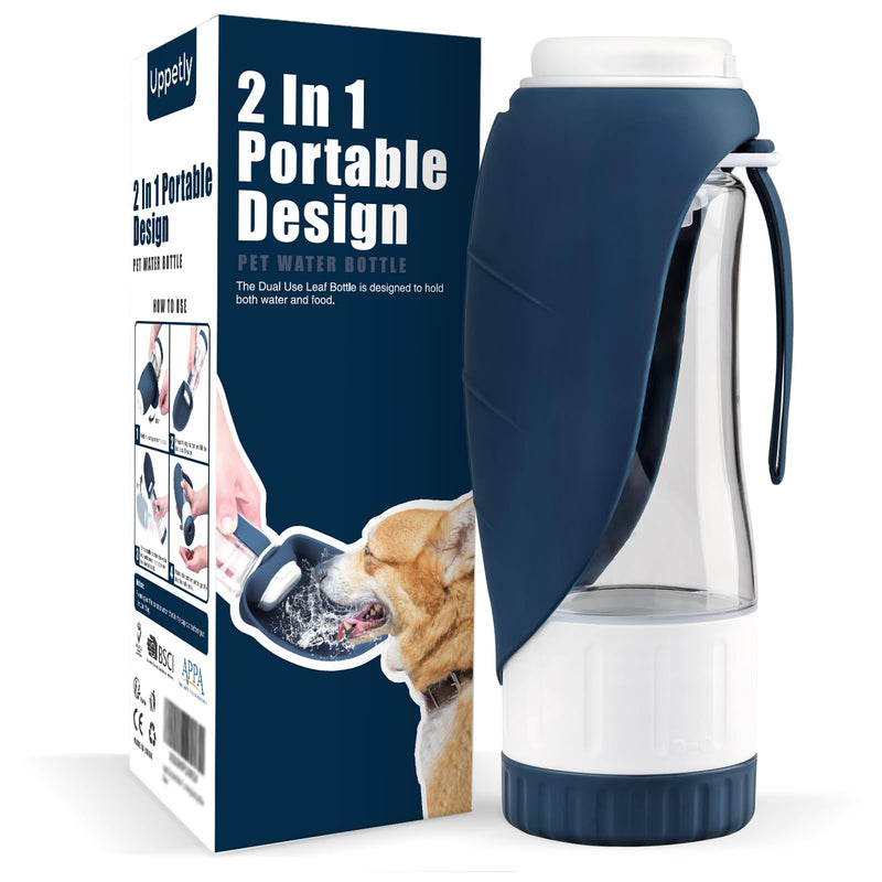 Uppetly Dog Water Bottle, Pet Water Bottle with Food Container and Drinking Feeder, Leak Proof, BPA-Free, Portable Foldable Puppy Water Cup Dispenser for Outdoor Walking, Travel, Small Dark Blue