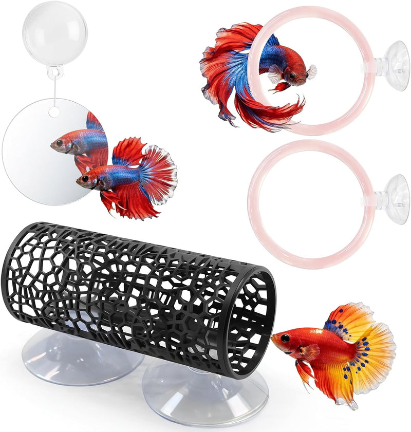 Betta Fish Toys, 1 Betta Fish Tunnel Hammock, 1 Fish Mirror with Floating Ball & 2 Exercise Training Ring Toys, Betta Fi