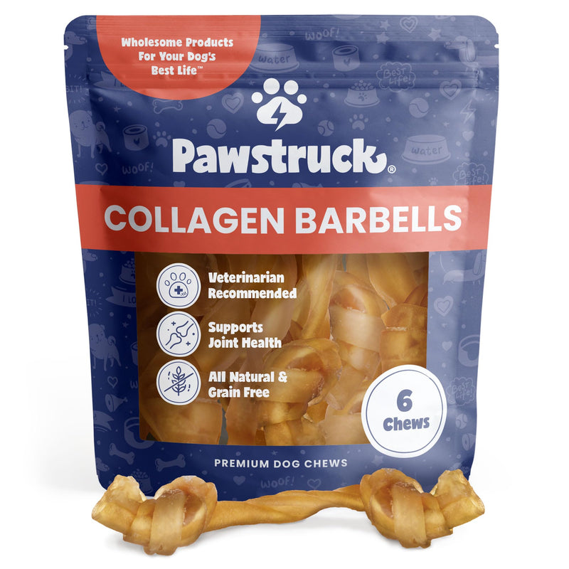 Pawstruck Natural Large Collagen Stick Barbells for Dogs - Vet-Approved Long Lasting Chew Alternative to Rawhide & Bully Sticks, with Glucosamine & Chondroitin - 6 Pack, Packaging May Vary