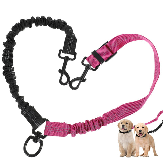 Molain Double Dog Leash Coupler, 360° Swivel No Tangle Splitter with Adjustable Strap and Shock Absorbing Bungee, Reflective Dual Lead for Two Different Size Dogs
