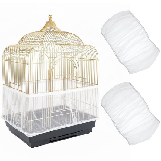 2 Pcs Bird Cage Cover, Elasticity Bird Cage Seed Catcher, Birdcage Seed Catcher Guard Birdcage Netting Cover for Parrot Parakeet, White