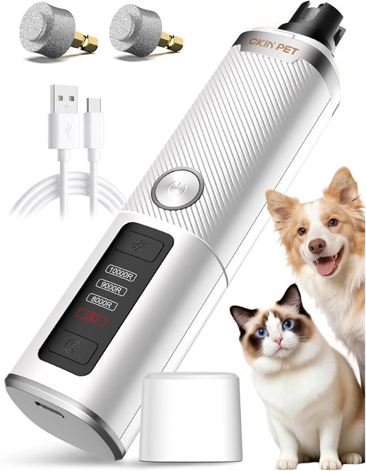 Ckin pet Dog Nail Grinder, Quiet Electric Dog Nail Trimmer with 2 LED Lights, 3-Speed Pet Nail Grinder for Dogs & Cats, Rechargeable 2000mAh Nail Grinder for Small Medium Large Dogs with Light, White