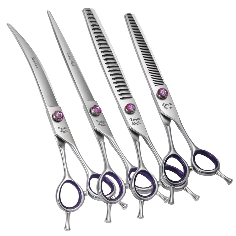 Fenice Peak 8'' Dog Grooming Scissors Set 4PCS Straight Curved Thinning Chunker Shears with Purple Finger Rings and Flashing Screw 440C Stainless Steel Natural Color Trimming Shears Durable and Sharp