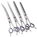 Fenice Peak 8'' Dog Grooming Scissors Set 4PCS Straight Curved Thinning Chunker Shears with Purple Finger Rings and Flashing Screw 440C Stainless Steel Natural Color Trimming Shears Durable and Sharp