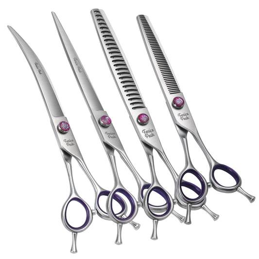 Fenice Peak 8'' Dog Grooming Scissors Set 4PCS Straight Curved Thinning Chunker Shears with Purple Finger Rings and Flashing Screw 440C Stainless Steel Natural Color Trimming Shears Durable and Sharp