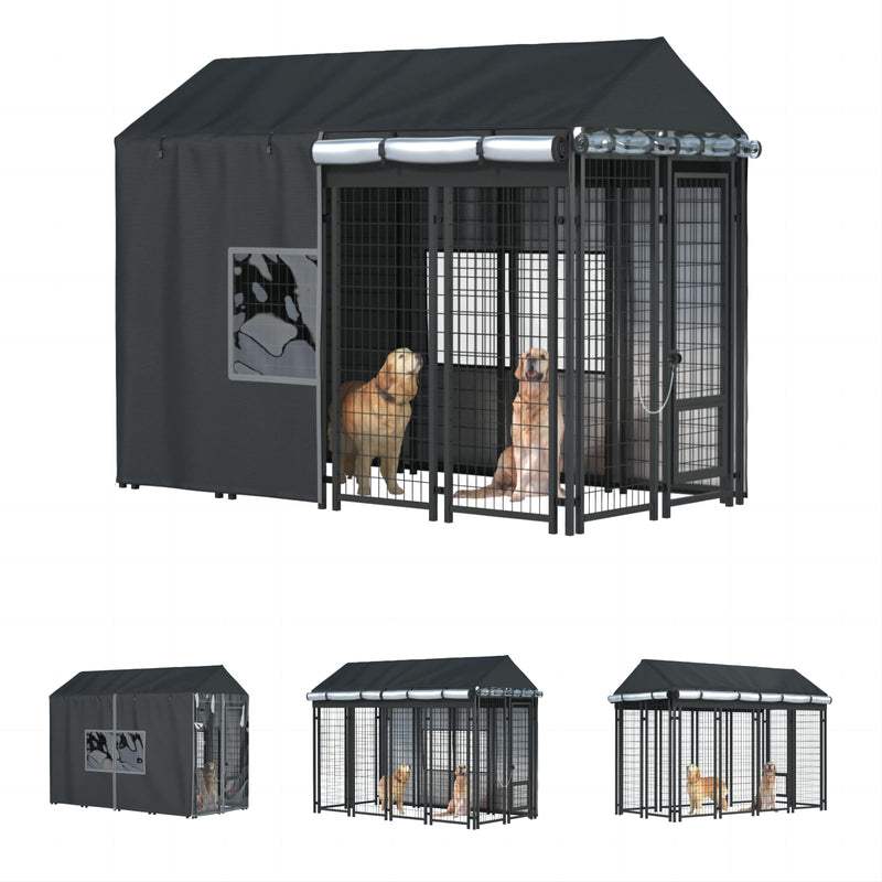 LYBOSH Outdoor Dog Kennel Cover Full Coverage for 8'Dx4'Wx6'H Cages,600d Heavy Duty Waterproof Large Kennel Covers,(Cover Only) Black