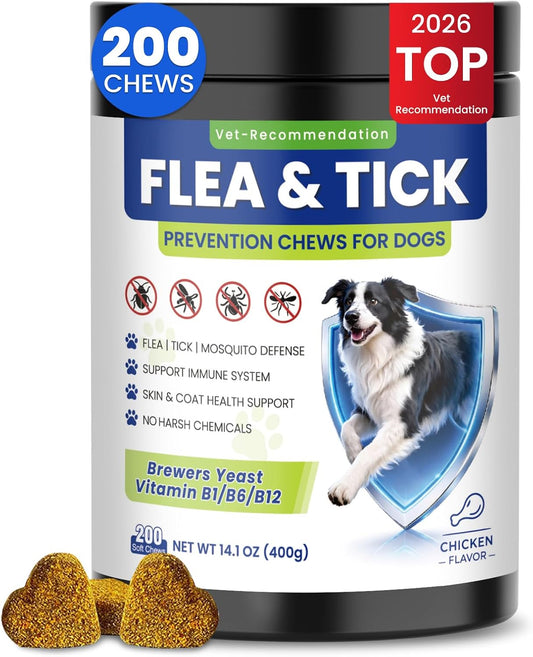 Flea and Tick Protection for Dogs-200 Natural Soft Chewable Fleas Ticks Pests Defense Supplement Supports Skin Coat Immu