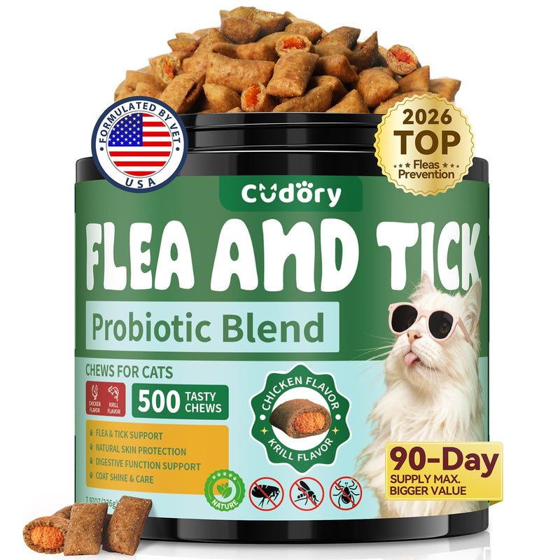 Flea and Tick Prevention for Cats, 500 Cat Flea Treatment with Probiotics Chewables, Crunchy & Creamy Treats Natural Oral Flea Supplement with Skin & Coat, Digestive Support - Chicken, Krill Flavor