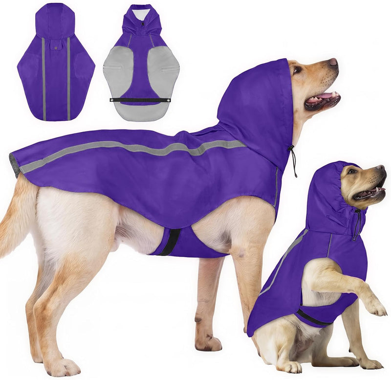 Purple Dog Raincoat with Reflective Strip Hoodie, Waterproof Poncho，XL