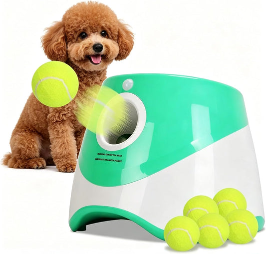 Automatic Dog Ball Launcher, Dog Ball Thrower Interactive Fetch Machine with 6 Tennis Balls 3 Adjustable Launch Distance
