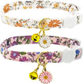 2 Pack Cotton Breakaway Cat Collars Set with Bell and Flower Pendant, Cute Floral Fruit Patterned, Adjustable 7.5-11Inch