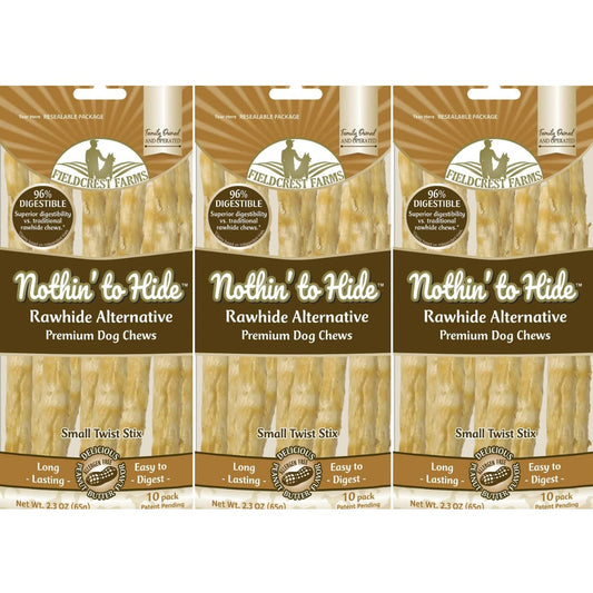 Fieldcrest Farms Nothing to Hide Natural Rawhide Alternative Twist Stix for Dogs - 3 Pack (30 Sticks) Premium Grade Easily Digestible Chews - Great for Dental Health (Peanut Butter, Small Stix)