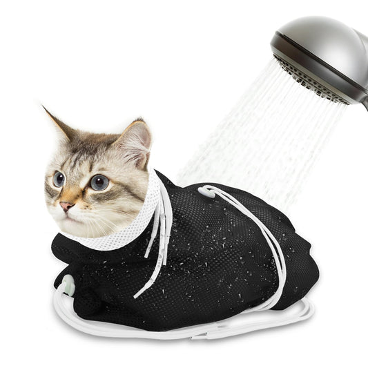 Cat Bathing Bag, Breathable Mesh Cat Shower Bag Anti Scratch Adjustable Grooming Washing Bag for Nail Trimming Soft Polyester