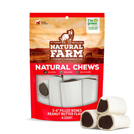 Natural Farm Peanut Butter Filled Bones (3-4 Inch, 6 Count), Limited Ingredient, Natural Stuffed Dental Dog Bone Treats for Dogs, Made with Real Beef