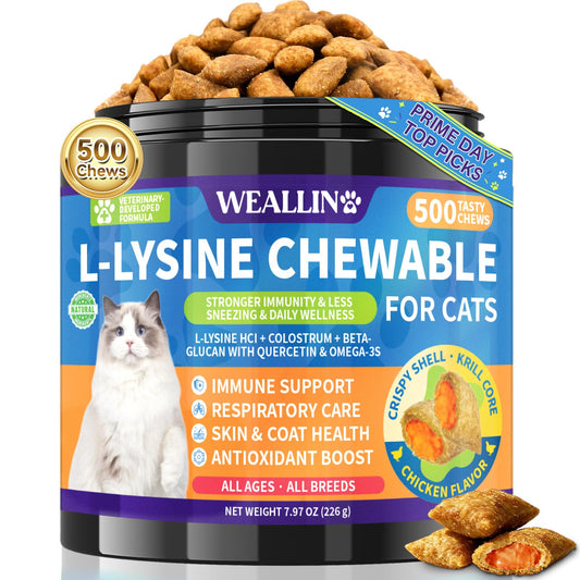 L-Lysine Chews for Cats 500 Chews, Immune & Respiratory Support Crunchy Shell with Krill Core, with Colostrum & Omega-3s for Sneezing and Runny Nose, Chicken Flavor, for All Ages & Breeds Cats