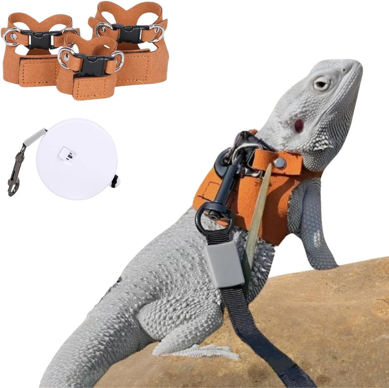 3 Pack Bearded Dragon Harness and Leash Set - Adjustable Soft Leather Lizard Harness with Retractable Leash Small Animal