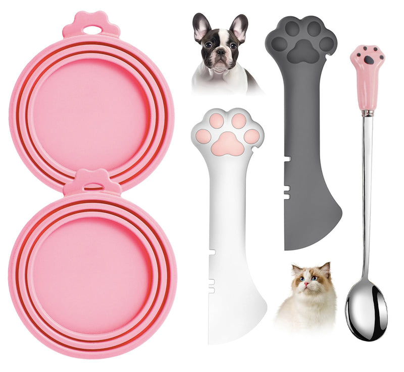 Comtim 5 PCS Pet Food Can Lids & Spoons Set - Silicone Dog Cat Covers With Multi-Function Spatula Opener for Wet Food - Long Handle Easy to Scoop