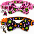 2 Pack Halloween Cat Collars with Bow Ties, Hot Pink Skull & Pumpkin Ghost Breakaway Kitten Collars with Bells and Charm