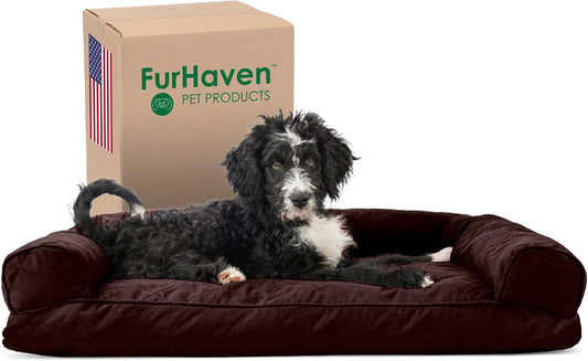 Furhaven Pillow Dog Bed for Large/Medium Dogs w/ Removable Bolsters & Washable Cover - Quilted Sofa - Coffee